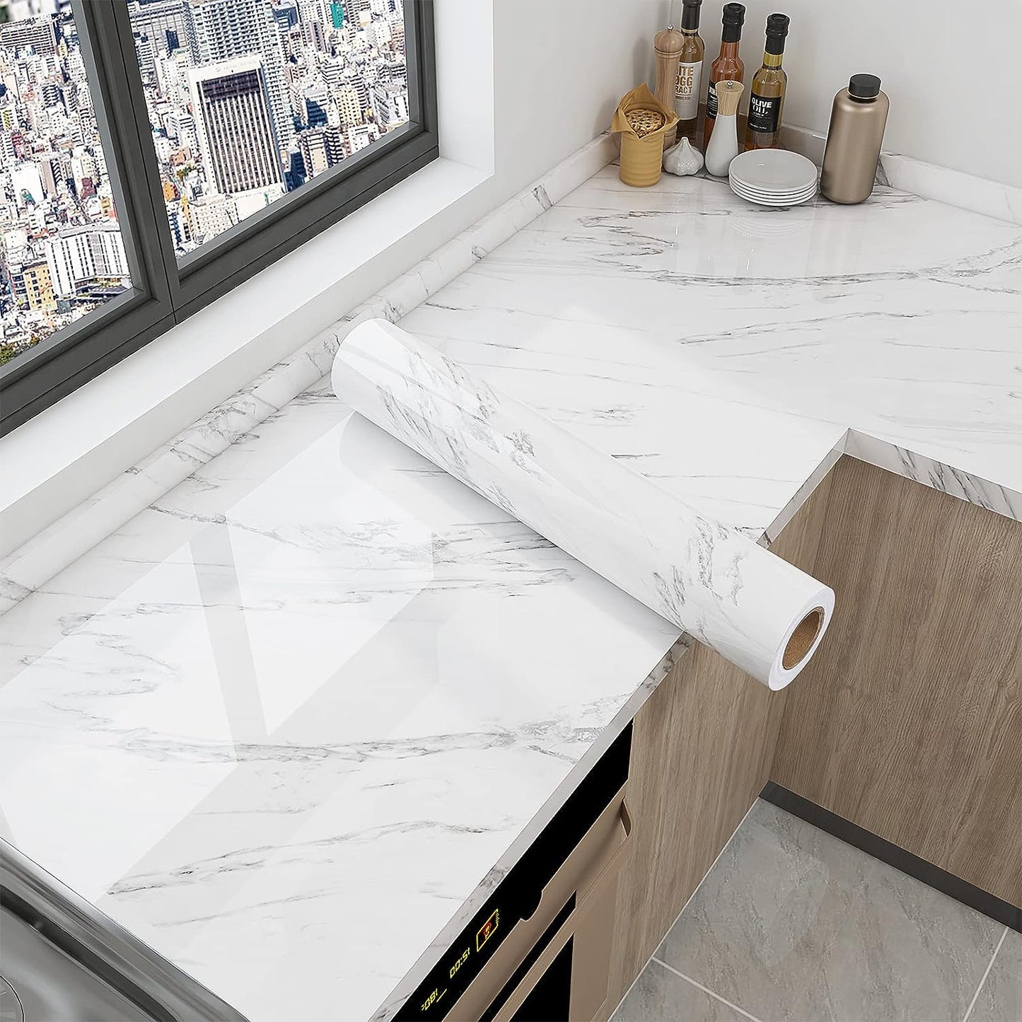 60cm*5M Glossy Marble Wallpaper Granite Peel and Stick Self Adhesive Removable Waterproof Countertop Paper for Cabinet Furniture Kitchen Viny Film