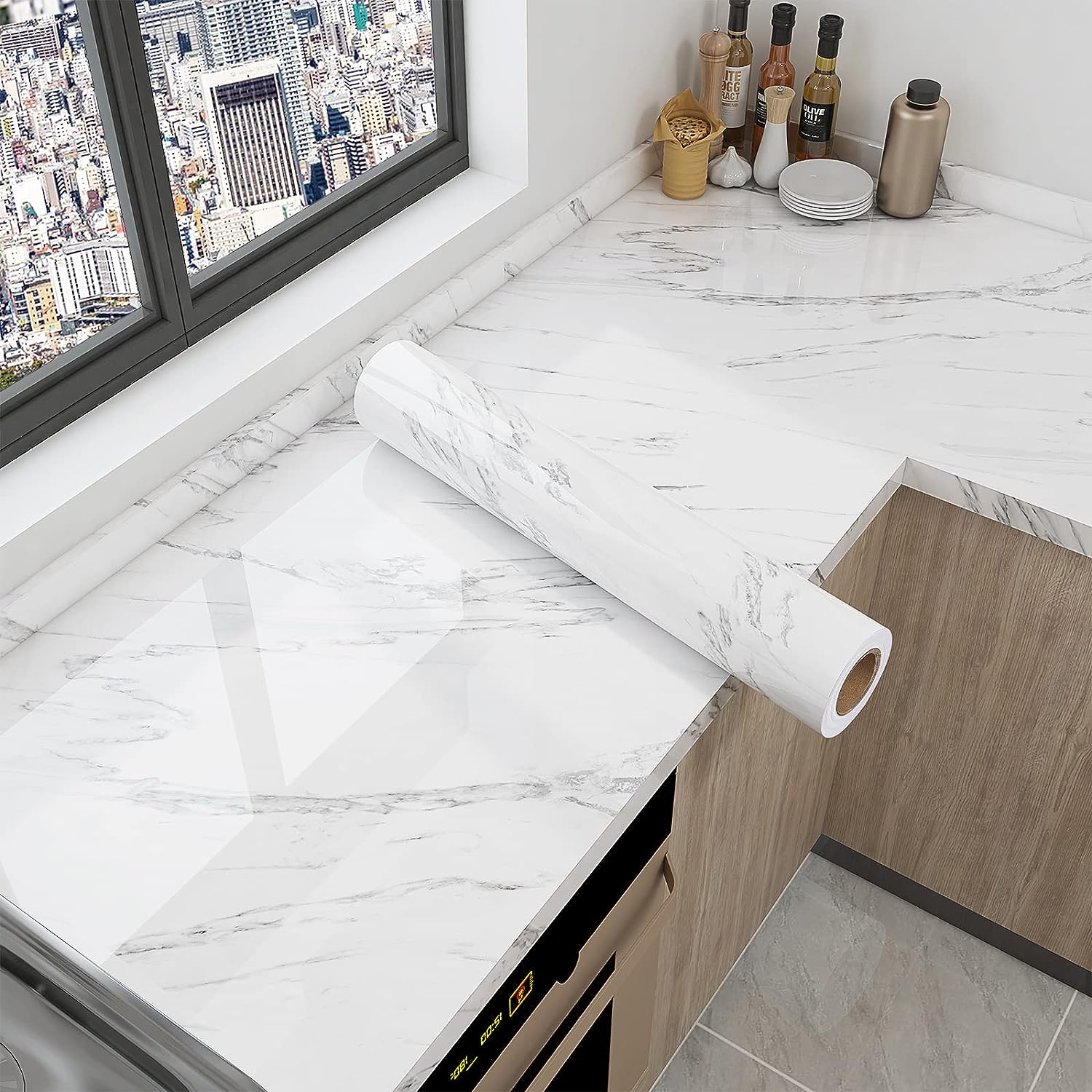 60cm*5M Glossy Marble Wallpaper Granite Peel and Stick Self Adhesive Removable Waterproof Countertop Paper for Cabinet Furniture Kitchen Viny Film