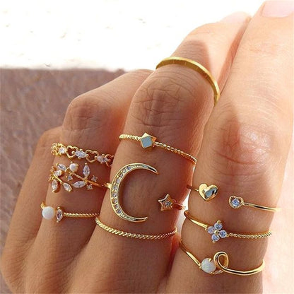 Star Moon Ring Love Leaves Geometric 10-piece Ring Creative Retro Female Joint Multiple Set Combination Ring