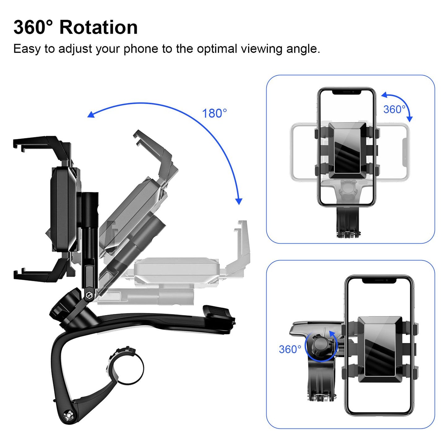 Car Phone Holder, 360 Degree Rotating Dashboard Car Phone Mount with Adjustable Spring Clip for 4-7in Smartphones