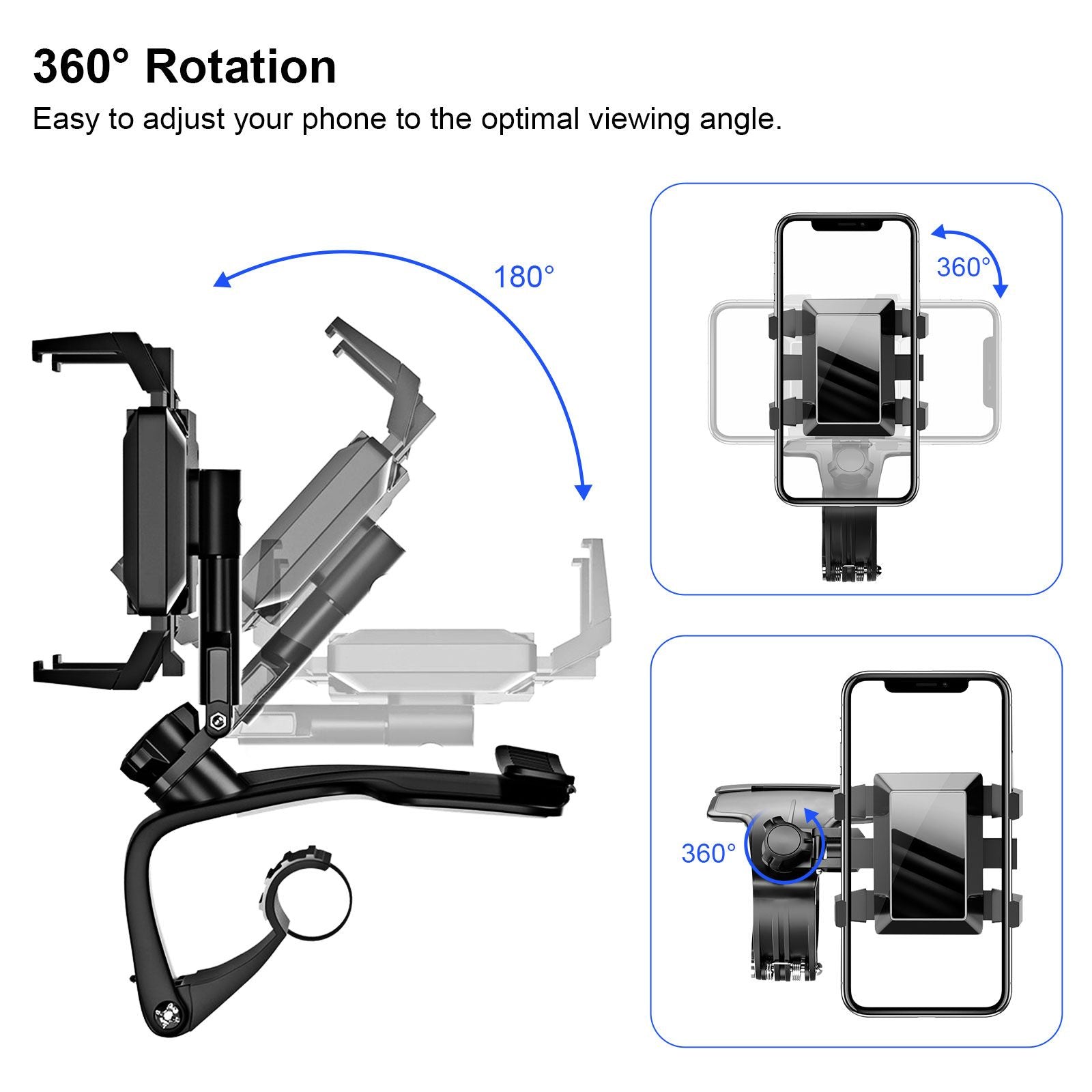 Car Phone Holder, 360 Degree Rotating Dashboard Car Phone Mount with Adjustable Spring Clip for 4-7in Smartphones