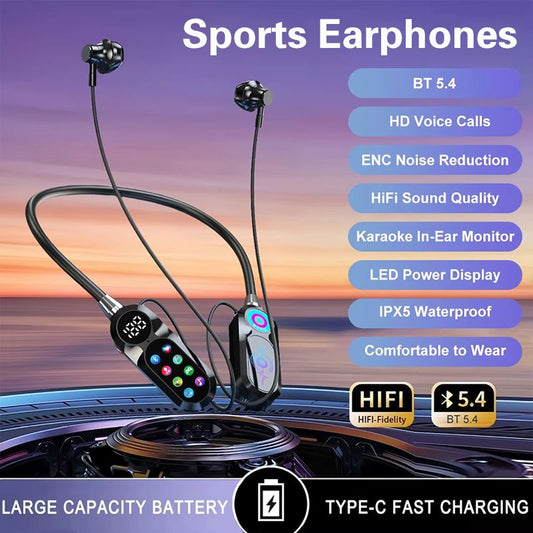 New Wireless Bluetooth Sports Earphones Neckband Noise Reduction Earbuds Color Screen Digital Display Karaoke in-ear Return Function Support TF Card Slot And BT5.4 Long Battery Life