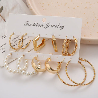 6 pairs of earring set New vintage pearl earrings set 6 pairs of stylish personality creative metallic earrings several shape earrings for women
