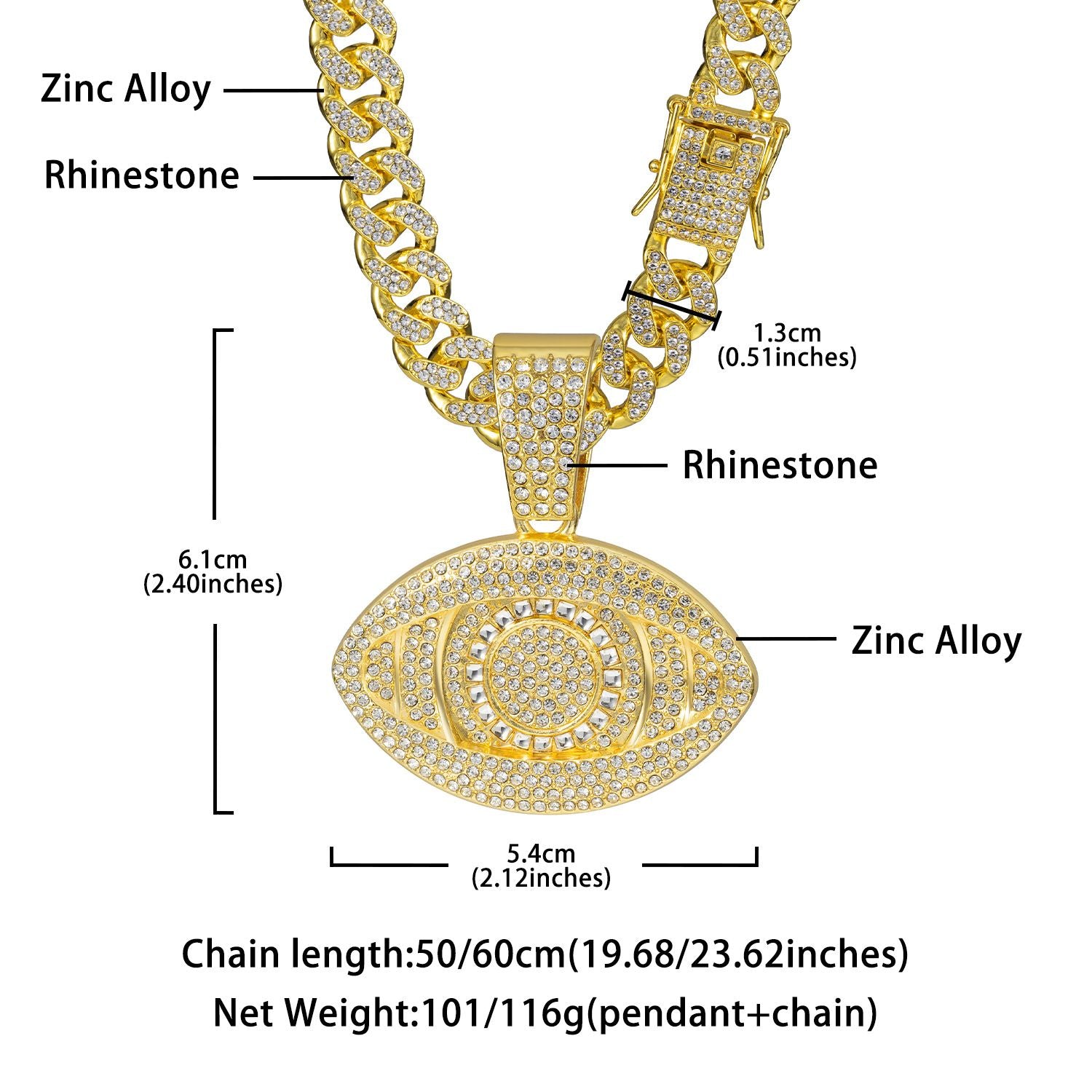 Fashion pendant necklace iced out hip hop chain pendant man women eye pendant with cuban chain necklace