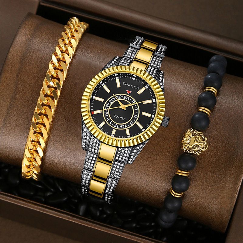 3PCS Set Fashion Mens Calendar Watches Men Business Stainless Steel Quartz Wristwatch Male Casual Necklace Bracelet Watch