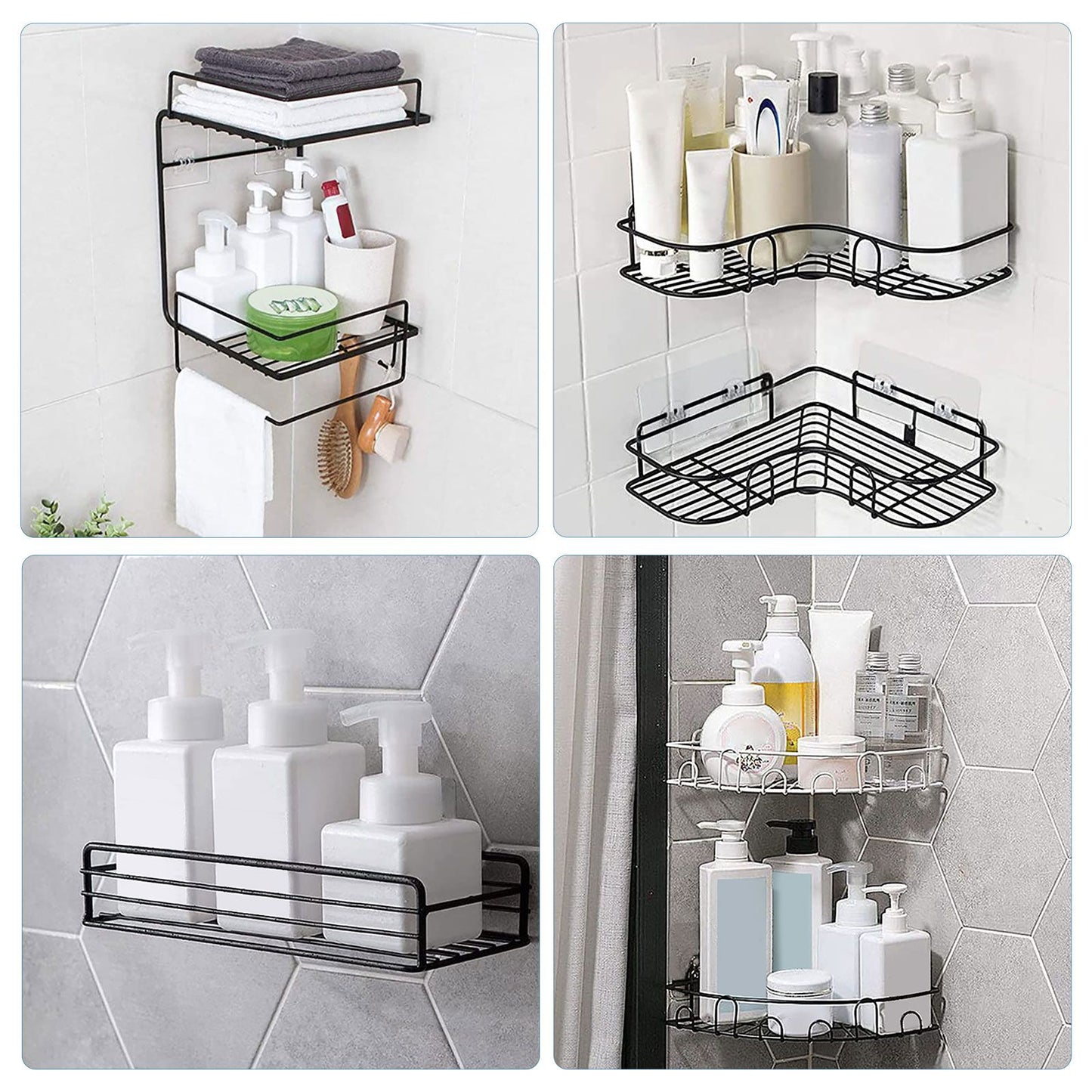16pcs Shower Caddy Adhesive Hooks, Waterproof Adhesive Hooks Mount Replacement, No Drilling Sticky Hanging Hook(8pcs 7x7cm+4pcs 8x8cm+4pcs 14x6cm)