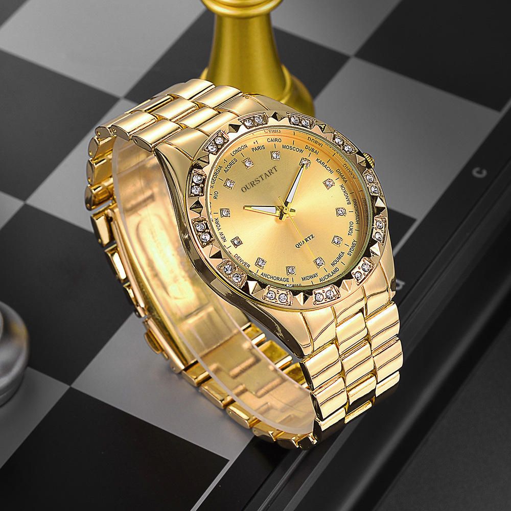 2PCS Lover Watches Business Stainless Steel Back Gold Watch Classic Diamond Rhinestone Couple Gift Watch Hip Hop Metal Color Bling Diamond and Steel Strip Women Men Couple Quartz Watch