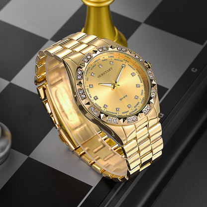2PCS Lover Watches Business Stainless Steel Back Gold Watch Classic Diamond Rhinestone Couple Gift Watch Hip Hop Metal Color Bling Diamond and Steel Strip Women Men Couple Quartz Watch