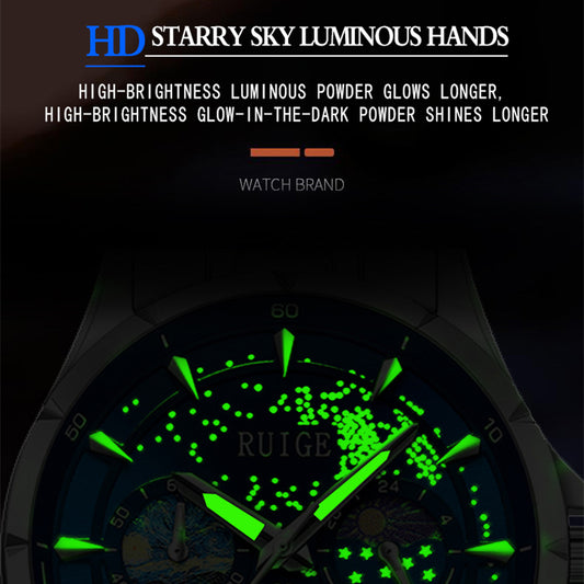 Luxury Man Watch High Quality Waterproof Chronograph Luminous Men's Wristwatch Stainless Steel Multifunctional Clock Moon Phase Starry Disk