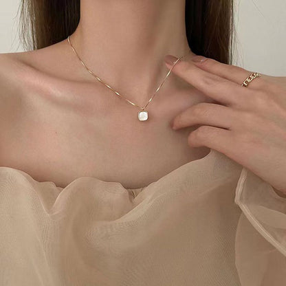 Upgraded Version New Square White Block Women's Necklace Simple Temperament White Fashion Pendant Pretty Simple Girl's Collarbone Chain