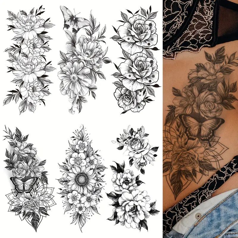 6 Pcs Waterproof Black Flower Pattern Body Tattoo Stickers - Durable, Long-Lasting for 3-5 Days, Suitable for Men and Women on Arm, Chest, Tummy, Back