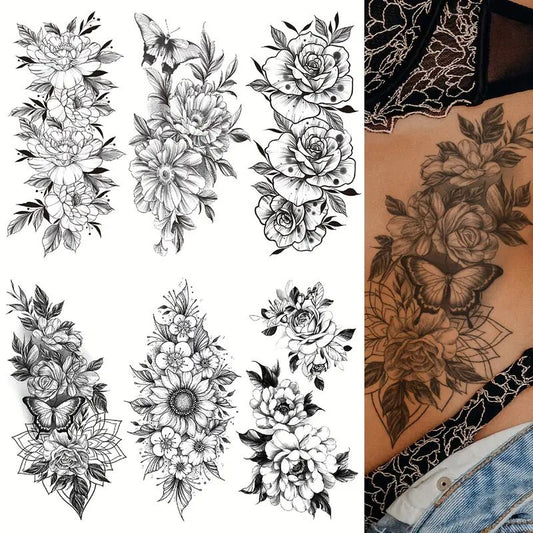 6 Pcs Waterproof Black Flower Pattern Body Tattoo Stickers - Durable, Long-Lasting for 3-5 Days, Suitable for Men and Women on Arm, Chest, Tummy, Back