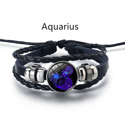 12 Constellation Men's and women's bracelet twelve constellation leather rope blue moonstone bracelet student hipster couple jewelry fashion men's models can be contracted and elongated