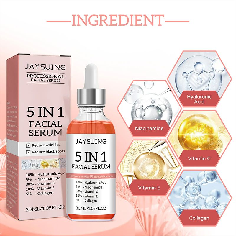 5 in 1 Face Serum Anti-wrinkle Hydrating Hyaluronic Acid Serum Vitamin C Facial Essence Lightening Spots Vitamin E Essence Smoothing and Brightening Care Niacinamide Collagen Hydrating and Moisturizin
