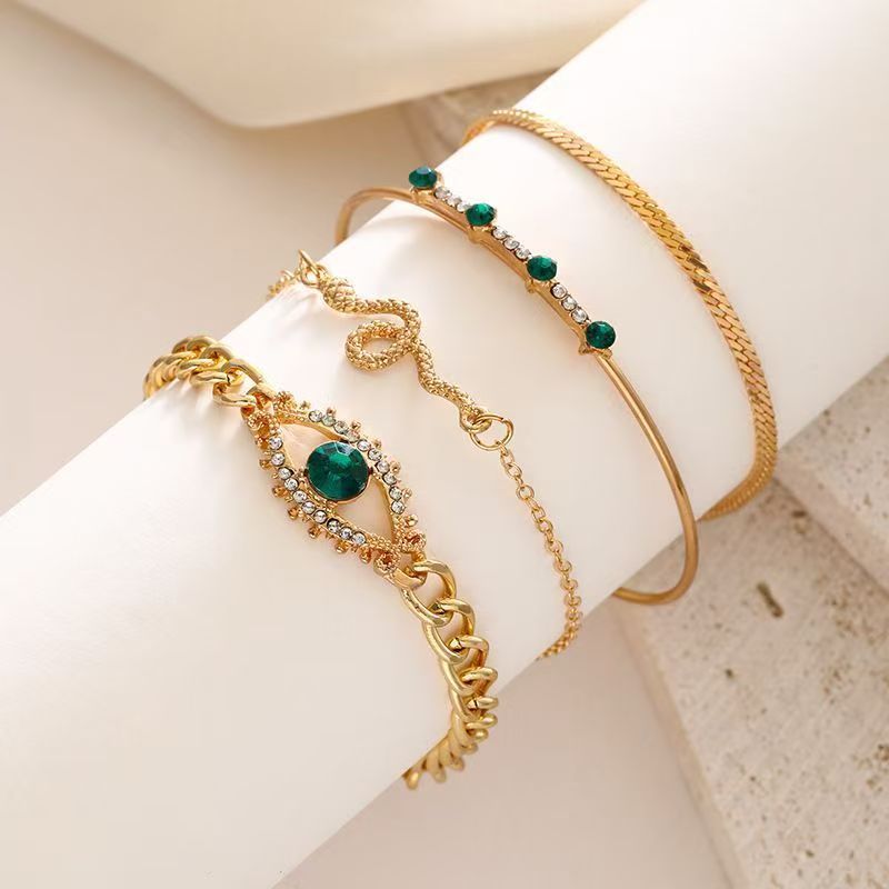 4PCS Bracelets For Women Retro Inlaid With Green Diamonds Bracelet Vintage Chain Link Adjustable Women Jewelry Set Jewelry Gift for Girls
