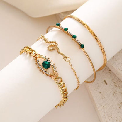 4PCS Bracelets For Women Retro Inlaid With Green Diamonds Bracelet Vintage Chain Link Adjustable Women Jewelry Set Jewelry Gift for Girls