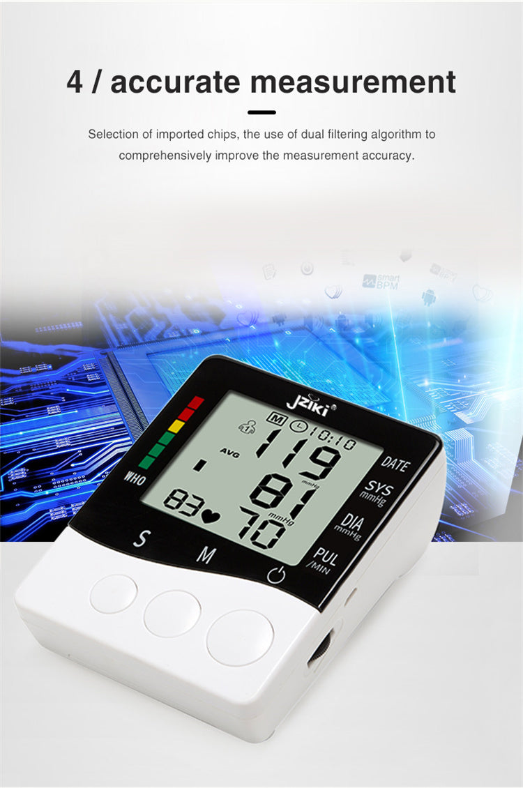 Professional Upper Arm Digital Blood Pressure Monitor with Cuff Intelligent Pressure Heart Rate Detection Colorful Backlight Heartbeat & Hypertension Detector