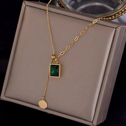 Luxury Emerald Stainless Steel Gold Necklace For Woman Fashion Jewelry Girl's Clavicle Chain