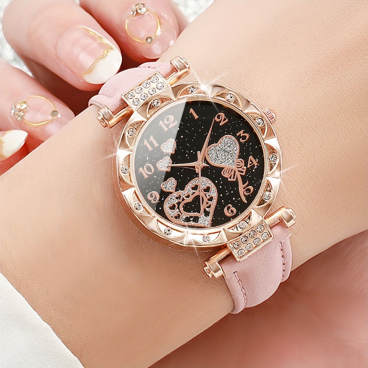 6PCS Ladies Watch Jewelry Set Watch Ring Necklace Earrings Bracelet Set Pink Crystal Waterproof Watch Set Wristwatch Ladies' Love Dial Quartz Watch Can Be Used As Romantic Gift Or Prop Shooting