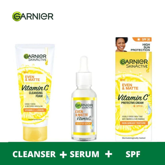 【Discounted】Garnier Eventone Day Routine Kit: Even & Matte Vitamin C Cleansing Foam 50ml + Serum 15ml+ Sunscreen Spf 30 50ml