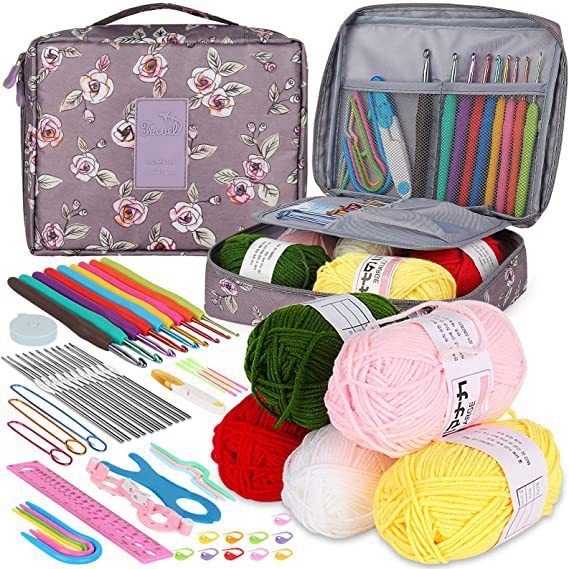 58 PCS Crochet Kit, Upgraded Hanging Crochet Set with Case & Yarn for Crocheting, Crochet Hook Set for Beginners Crochet Hook Kit with Crochet Book, Crochet Hooks, Knitting & Crochet Supplies