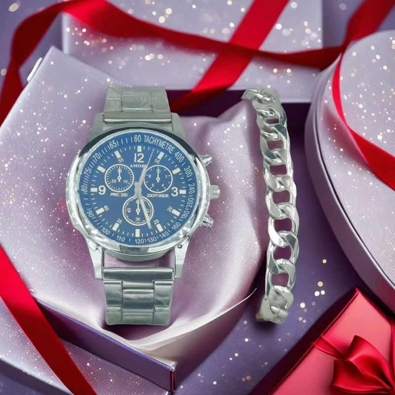 ZHJH Men's Large Dial Watch Metal Bracelet Set Men's Metal Strap Wristwatch Men's Quartz Watch Silver Watch Set