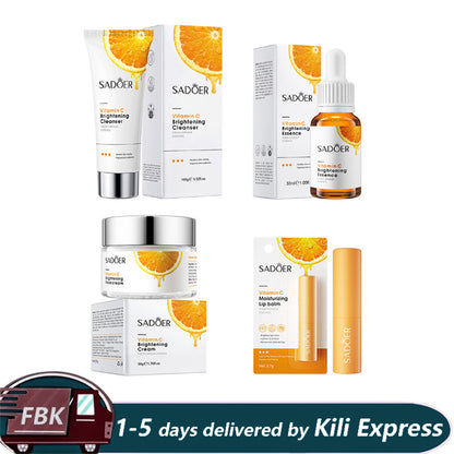 4 in 1 Vitamin C Serum, Lip balm，Vitamin C Brightening Facial Cleanser and Vitamin C Face Brightening Cream Skin Care Kit Anti Wrinkles,Moisturizing, Anti Aging, Fade Dark Spots, Anti Acne Brightenin