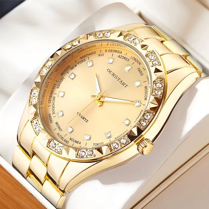 2PCS Lover Watches Business Stainless Steel Back Gold Watch Classic Diamond Rhinestone Couple Gift Watch Hip Hop Metal Color Bling Diamond and Steel Strip Women Men Couple Quartz Watch