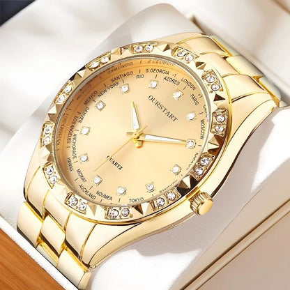 2PCS Lover Watches Business Stainless Steel Back Gold Watch Classic Diamond Rhinestone Couple Gift Watch Hip Hop Metal Color Bling Diamond and Steel Strip Women Men Couple Quartz Watch