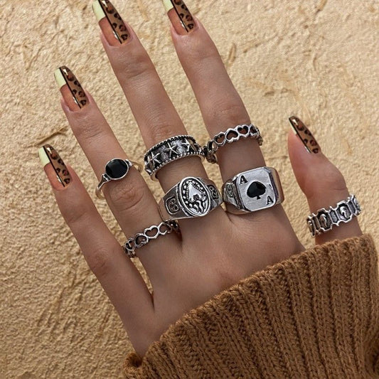 7 Pcs/set Creative Fashion Rings Set For Men And Women Jewelry Simple Atmospheric Dark Vintage Spades Love Ring