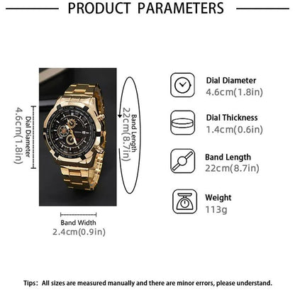 3pcs set Best Selling Fashion Mens Sports Gold Three Eyes Watches Men Business Steel Quartz Wrist Watch Calendar Male Casual Eagle Necklace Bracelet Wristwatch With Box