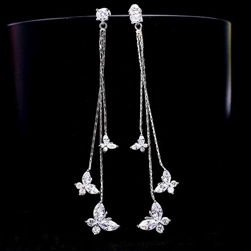 1-pair 925 silver electroplating earrings stu long tassel zircon three butterfly earrings fashion lady style