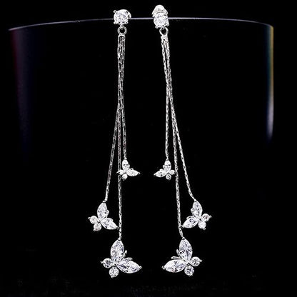 1-pair 925 silver electroplating earrings stu long tassel zircon three butterfly earrings fashion lady style