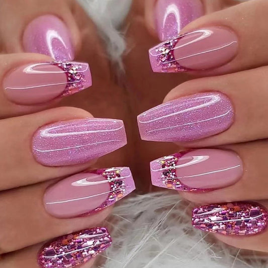 Wear Nail Pink Purple Glitter French Sequins Nail Wear Nail Stickers Nail Art Pieces Finished Removable nail