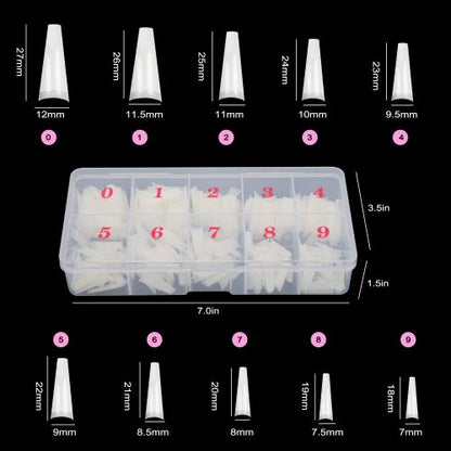 500pcs Half Cover Coffin Nail Tips, 10 Sizes Acrylic Ballerina Nail Tips with Box, White