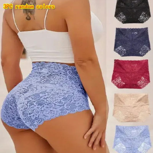 SizeL-2XL 3PCS women's high-waist-tuck lace panties Ladies' hip lift lace breathable lingerie transparent cotton crotch mesh briefs underwear