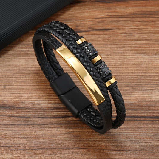 Trendy Leather Bracelets For Men Stainless Steel Bracelet 21CM Multilayer Braided Rope Bracelets for Male Jewelry Gifts