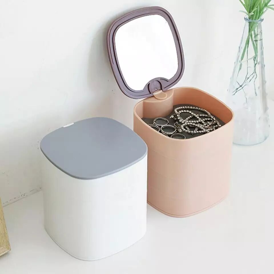 Four-layer Rotating Jewelry Box with Makeup Mirror Desktop Earrings Earrings Ring Jewelry Storage Box Tray Gifts Sales