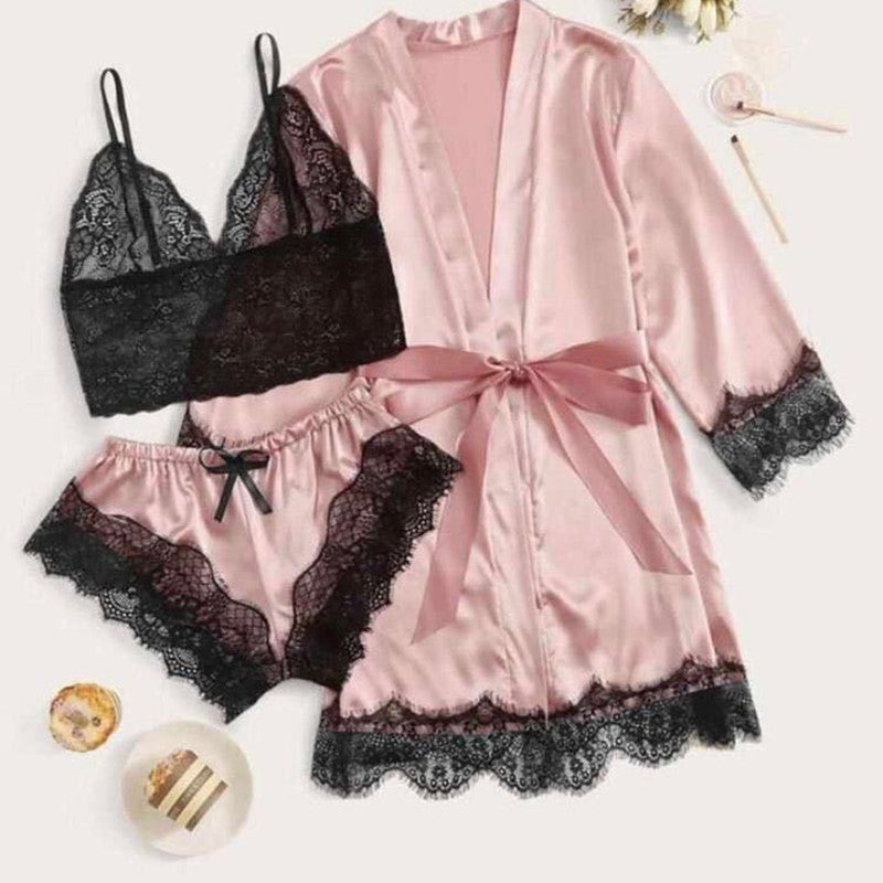 2024 Women's Pajamas Satin The Big Size Long Sleeve Womens Pajamas Lace Lingerie Nightwear Underwear Sleepwear 3PC Suit Pajama Sets Nightgown Underwear Nightdress Suit