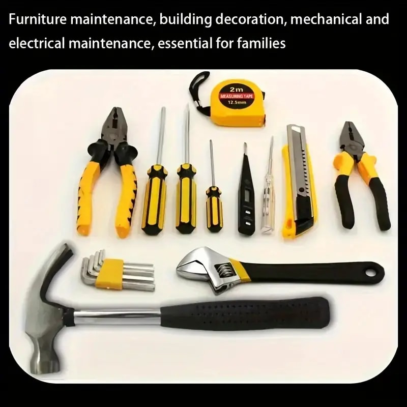 16-Piece Household Tool Set with Wire Crimpers and Iron Handles - Multifunctional Hand Tool Kit for Home Repair, Vehicle Maintenance & DIY Projects - Essential Hammer, Wrench & Screwdriver Combo
