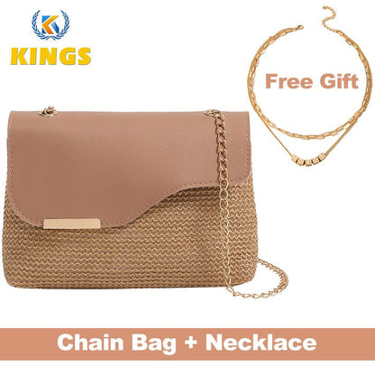 Women Small Cross-body Bag Ladies Chain Bag Phone Bag Clutch Mini Straw Sling Bag (Necklace free gift)