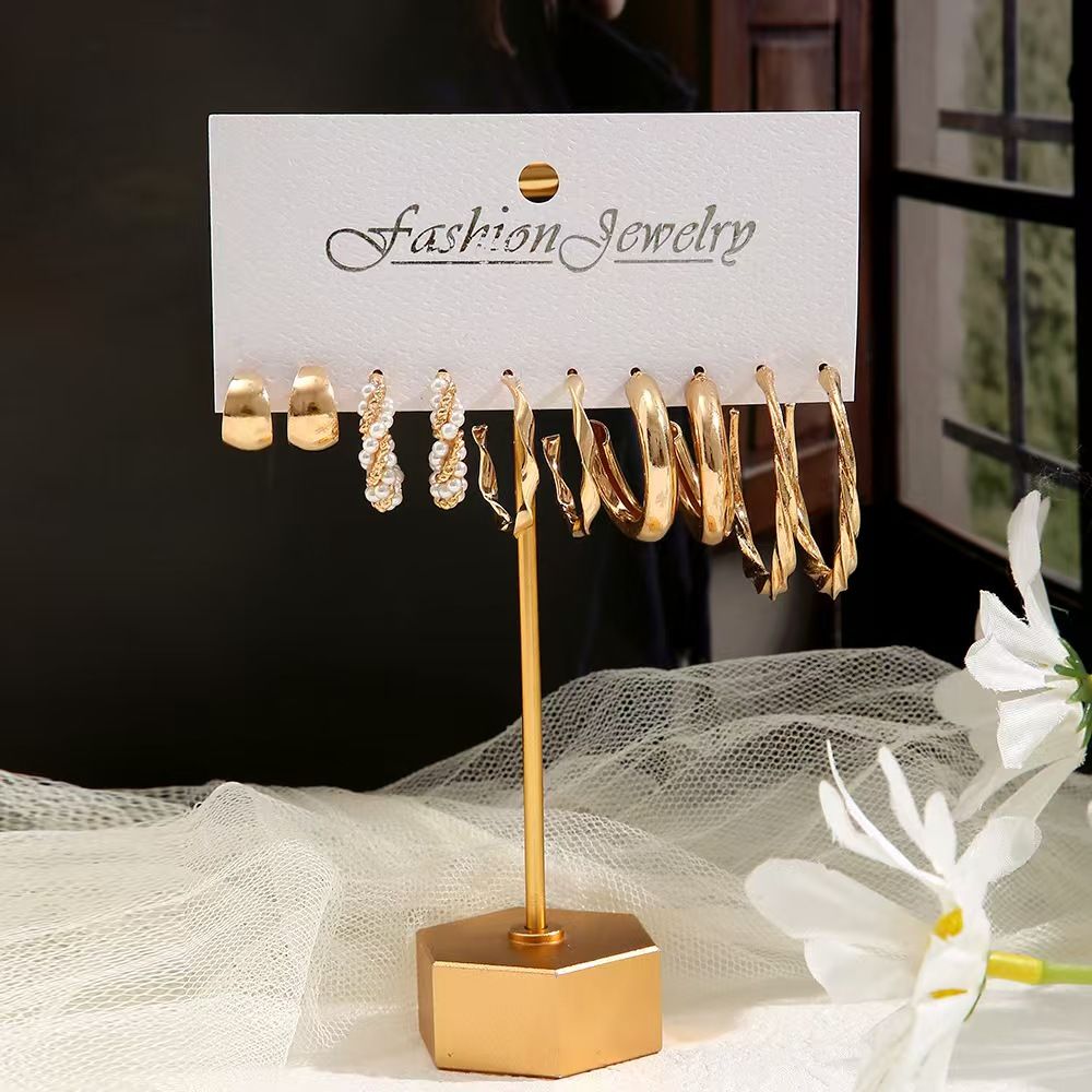 5 sets Vintage Pearl earrings Metallic Gold earrings Geometric Fashion jewelry personality Trendy light luxury High metallic gold and silver oval earrings for women